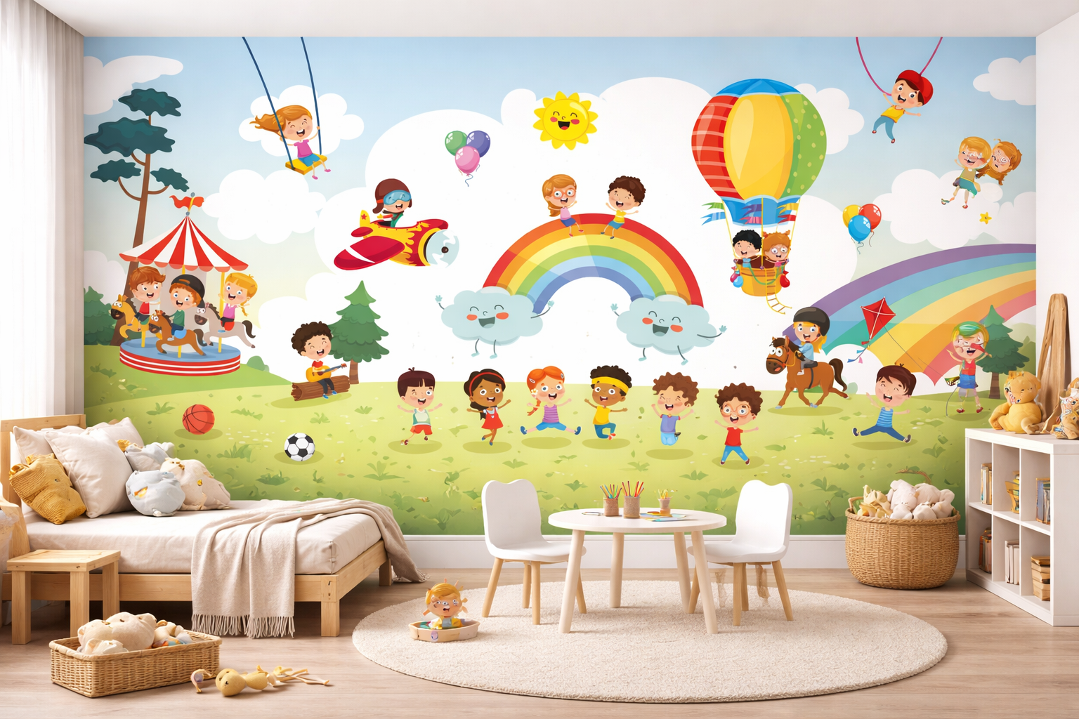 Hot Air Balloon Nursery Wallpaper in soft sage green