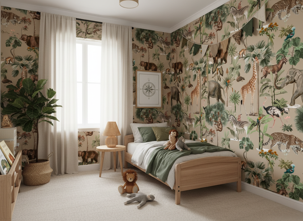 Kids Jungle Animal Wallpaper – Safari Wildlife Wall Mural with Giraffe, Elephant & Tropical Leaves