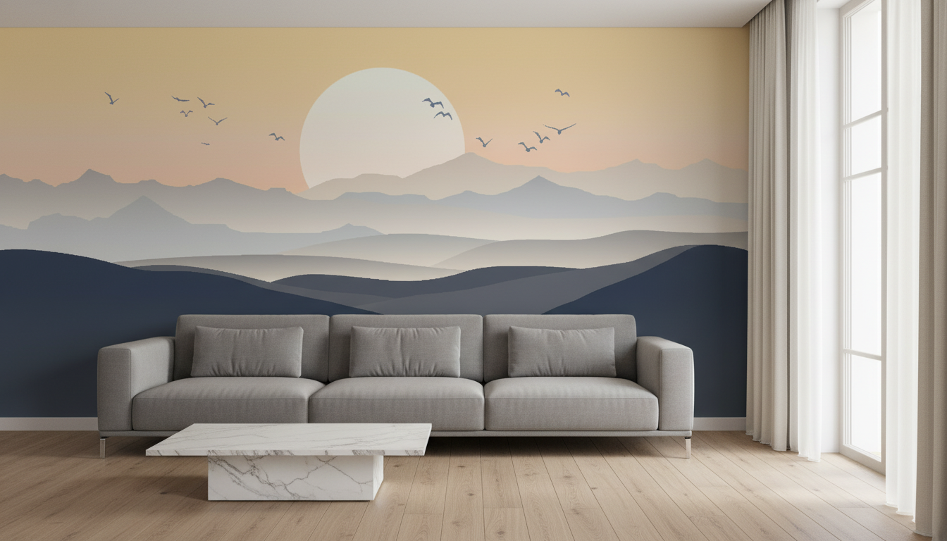 Modern Abstract Mountain Wall Mural – Minimalist Sunset Landscape Wallpaper
