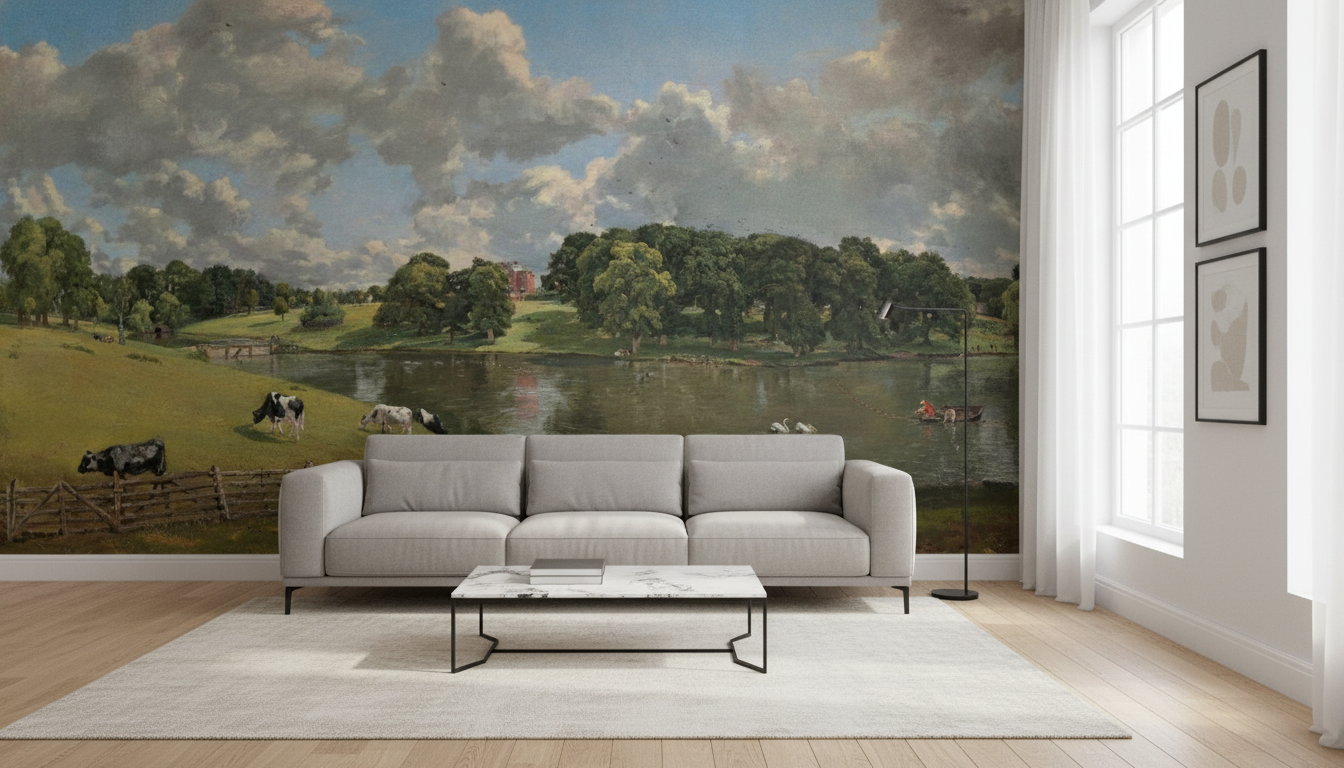 Classic Countryside Lake Wall Mural – Vintage Pastoral Landscape Wallpaper