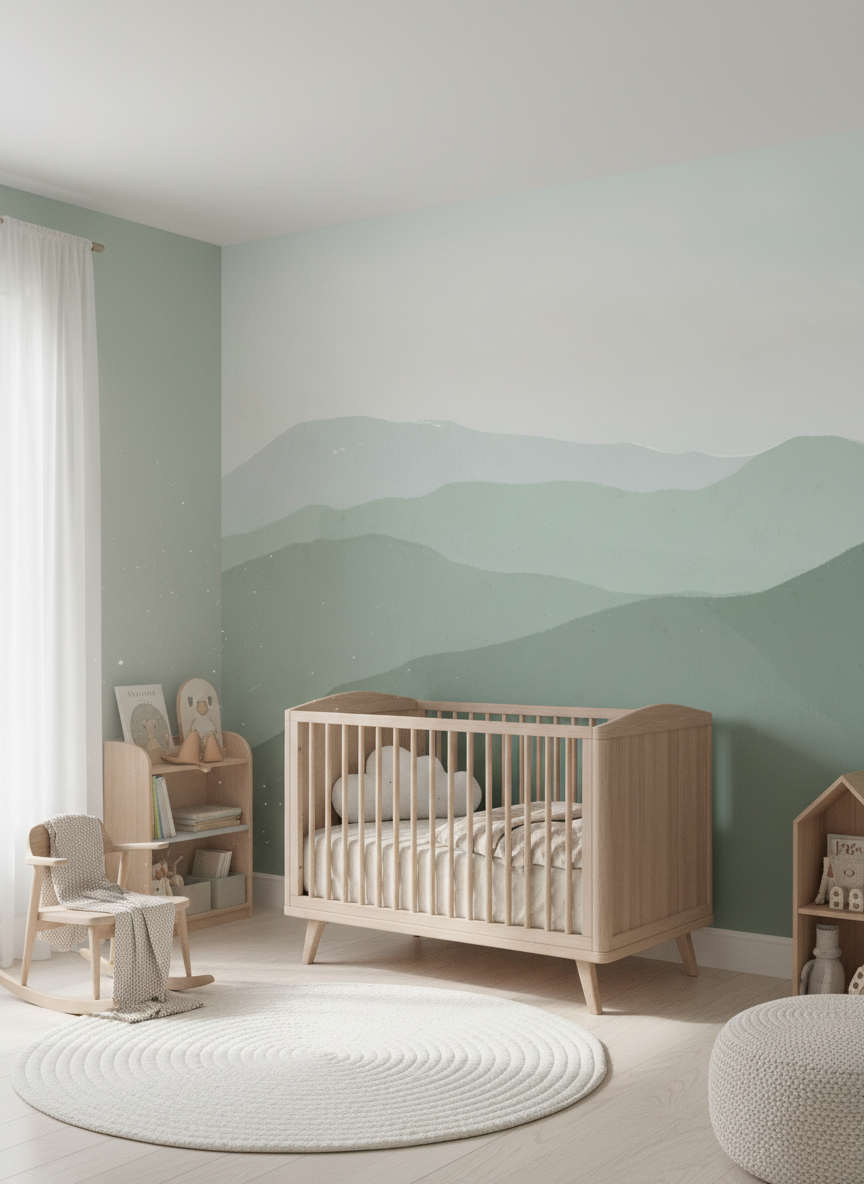 Minimalist Green Mountain Wall Mural – Abstract Nature Landscape Wallpaper