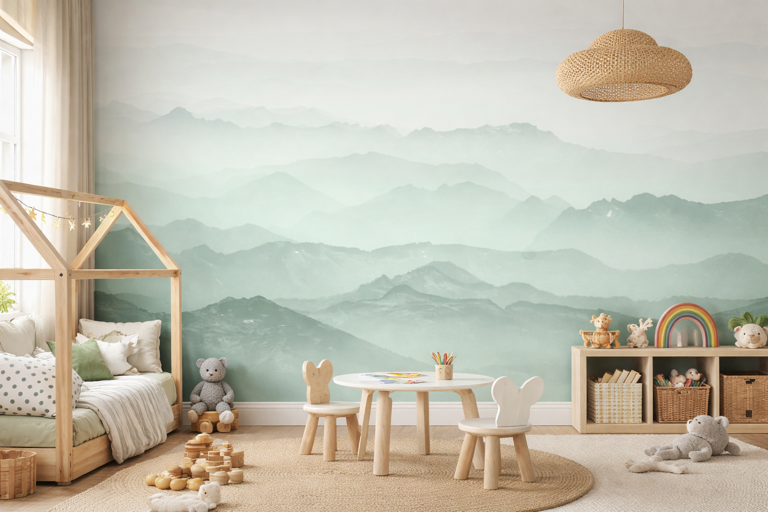 Pastel Mountain Wall Mural – Soft Green Landscape Wallpaper