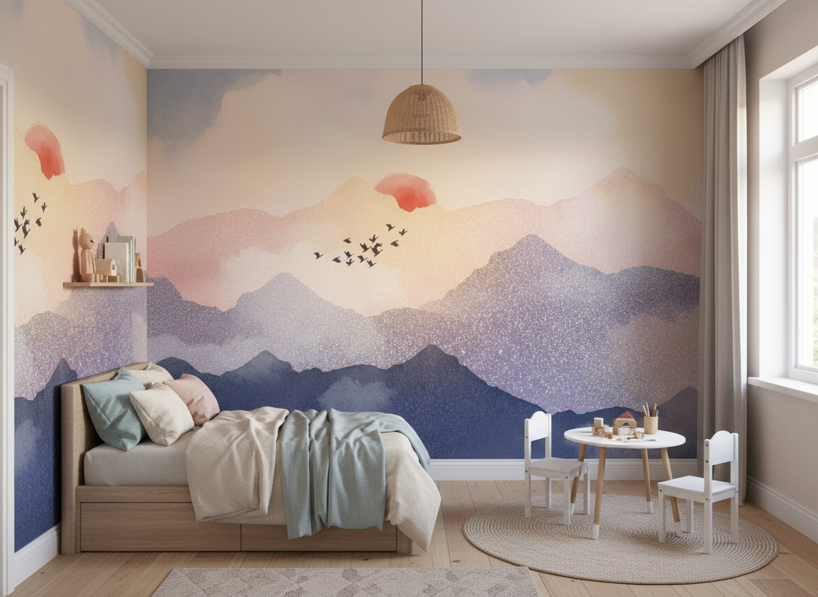 Pastel Sunset Mountain Wall Mural – Abstract Landscape Wallpaper with Birds