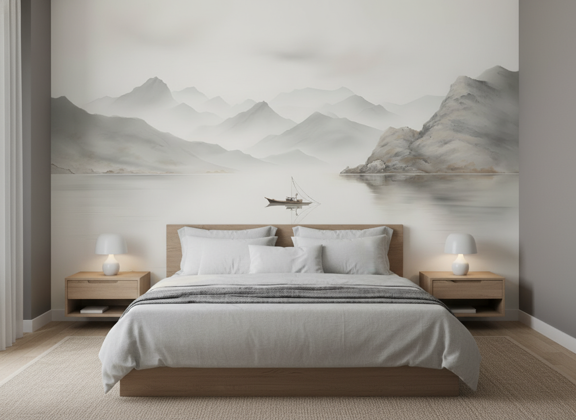 Minimalist Lake & Mountain Wall Mural – Monochrome Landscape Wallpaper
