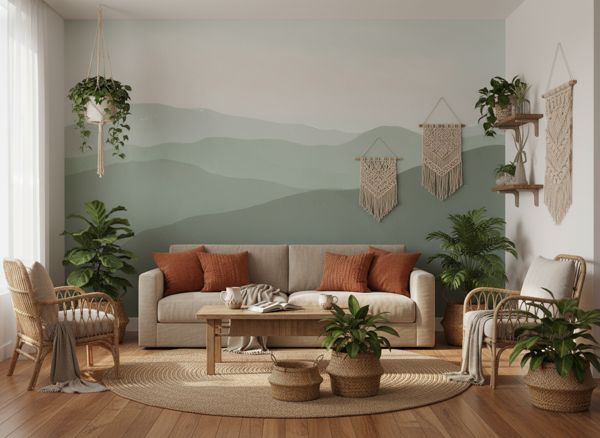 Boho Mountain Landscape Wallpaper – Sage Green Abstract Hills Wall Mural