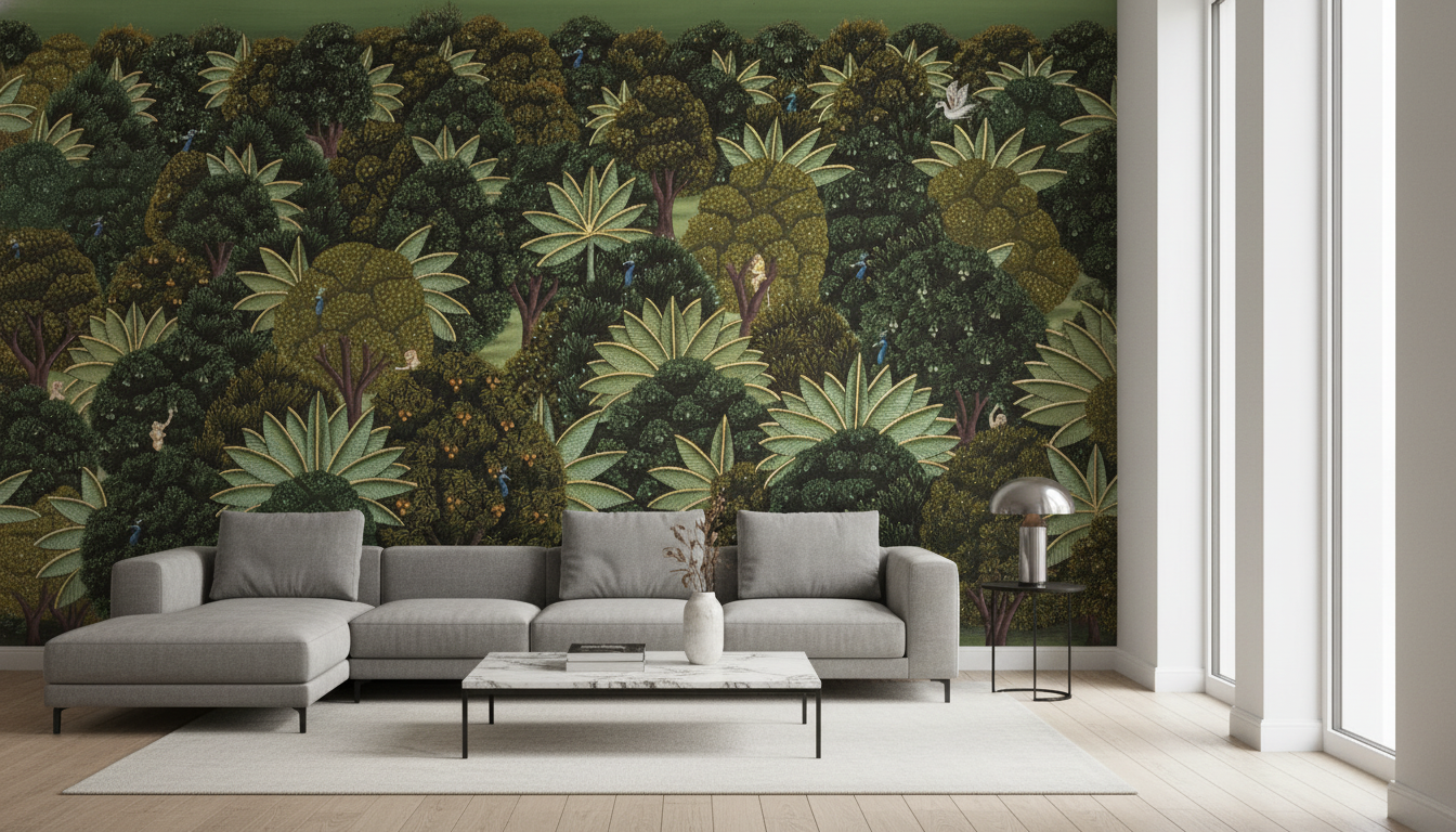 Pichwai Style Forest Wallpaper – Traditional Indian Art Jungle Wall Mural with Intricate Botanical & Wildlife